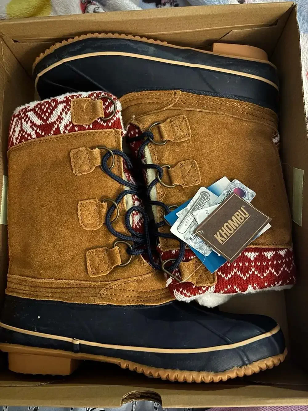 Khombu Vail Brown Suede and Navy Rubber Duck Boots with Red Fair Isle Sweater Cu